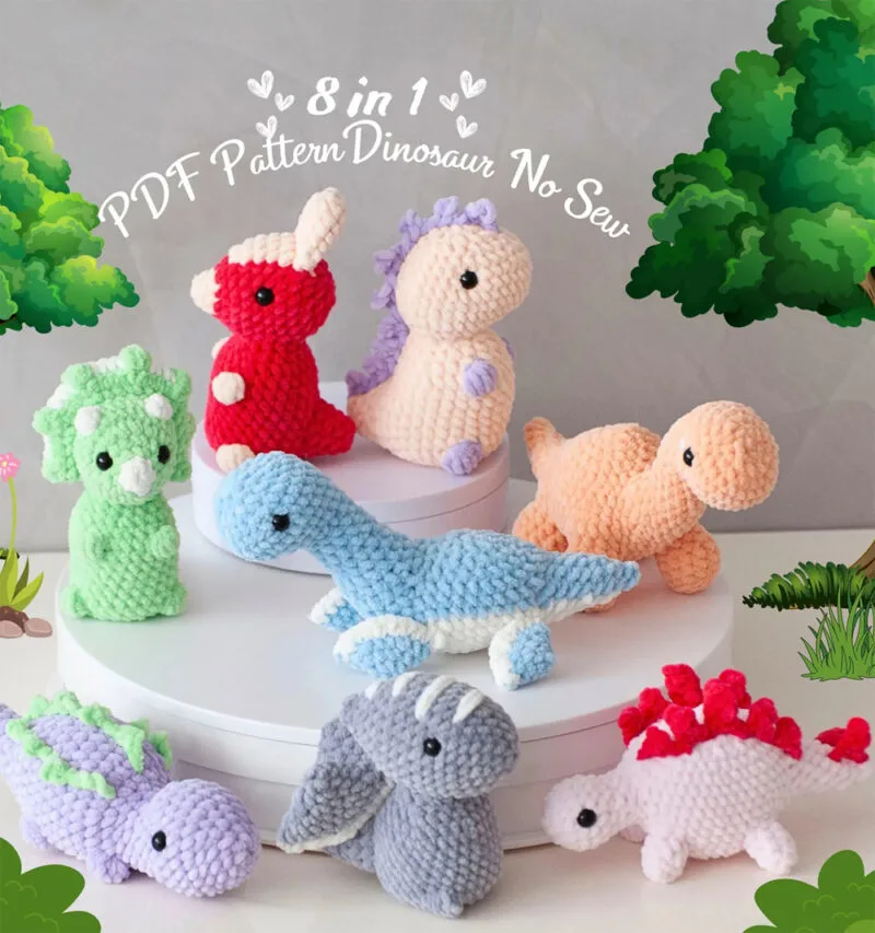 photo of 8 no sew dinosaur crochet patterns