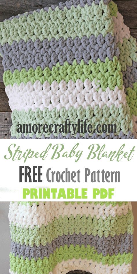 gray green easy striped crochet baby blanket pattern - amorecraftylife.com -bernat blanket yarn - baby afghan - free printable crochet pattern #baby #crochet #crochetpattern #freecrochetpattern