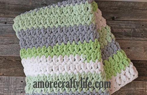 gray green easy striped crochet baby blanket pattern - amorecraftylife.com -bernat blanket yarn - baby afghan - free printable crochet pattern #baby #crochet #crochetpattern #freecrochetpattern