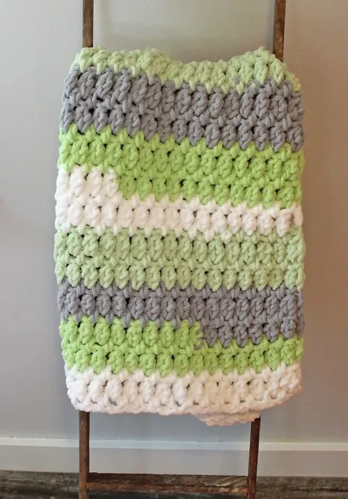 gray green easy striped crochet baby blanket pattern - amorecraftylife.com -bernat blanket yarn - baby afghan - free printable crochet pattern - bernat blanket yarn #baby #crochet #crochetpattern #freecrochetpattern