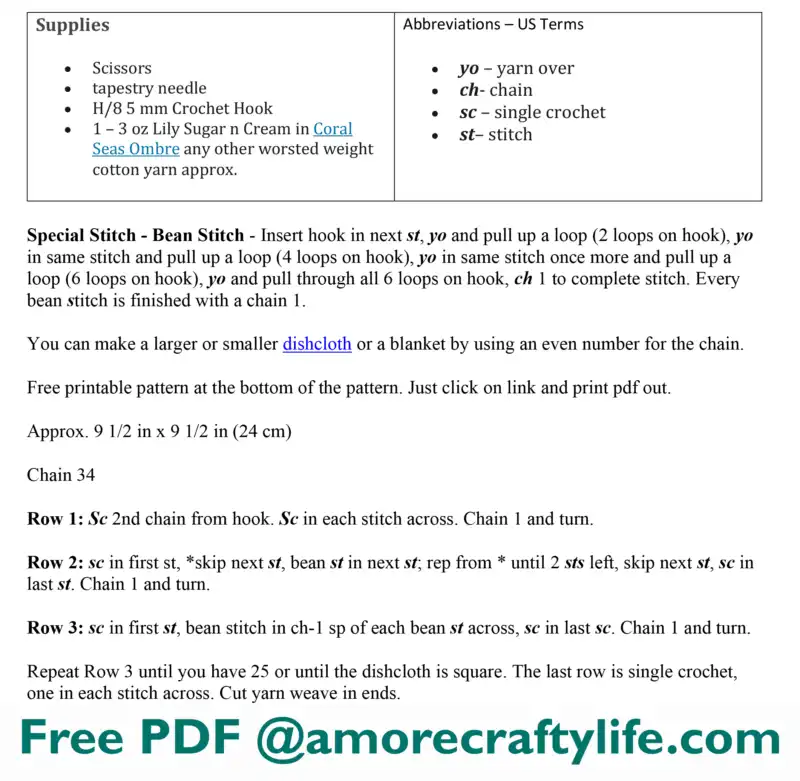 photo of bean dishcloth crochet pattern