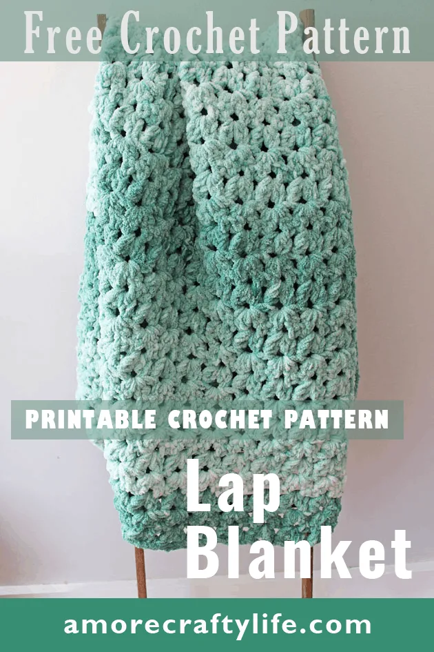 Make this quick and easy mist green chunky crochet blanket free pattern.  super bulky chenille yarn - amorecraftylife.com -bernat blanket yarn -lap afghan - free printable crochet pattern - bernat blanket yarn #crochet #crochetpattern #freecrochetpattern