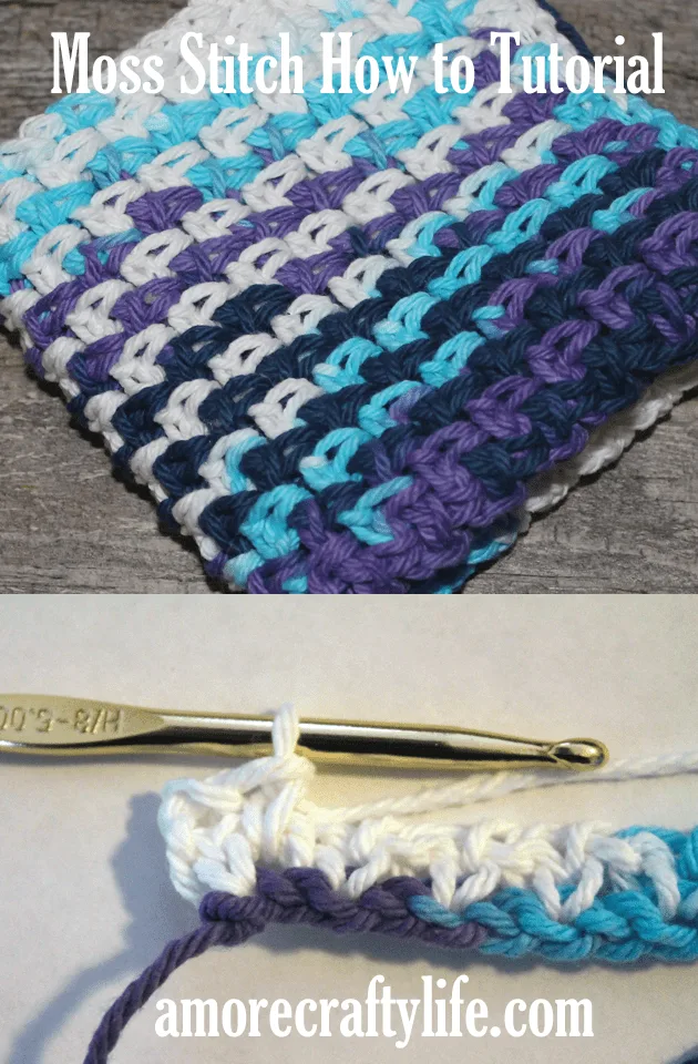 Try an easy beginner crochet stitch using single and chain stitches. How to Crochet the Moss Stitch - Linen Granite - amorecraftylife.com