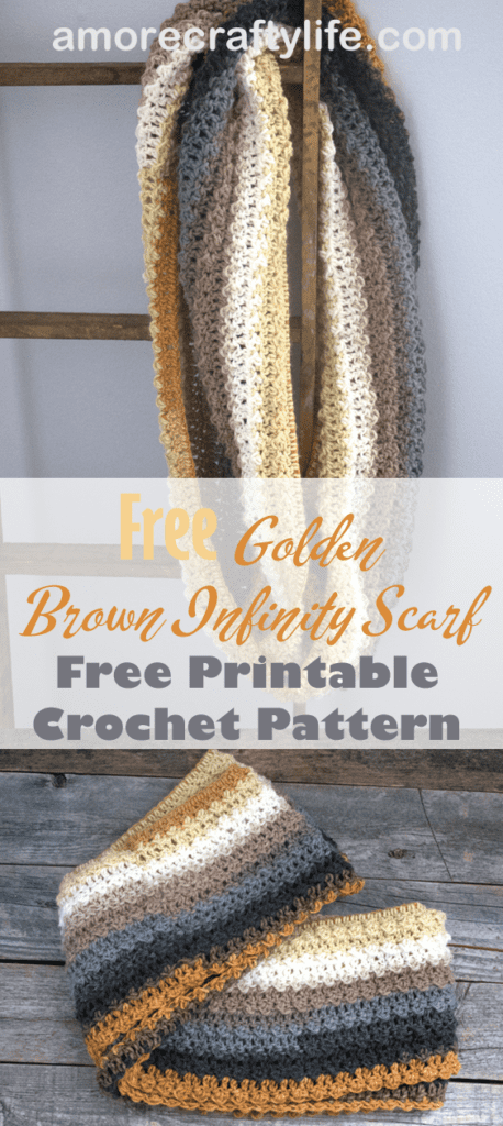 free golden brown infinity scarf crochet pattern - easy scarf pattern - amorecraftylife.com