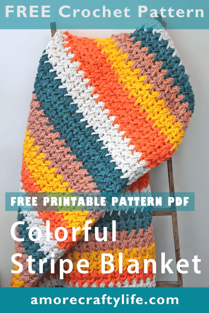 Colorful stripe chunky crochet blanket pattern - free printable PDF- crochet blanket pattern - feather stitch - amorecraftylife.com - O'Go Colorama Yarn - striped afghan - free printable crochet pattern chunky blanket pattern #crochet #crochetpattern #freecrochetpattern