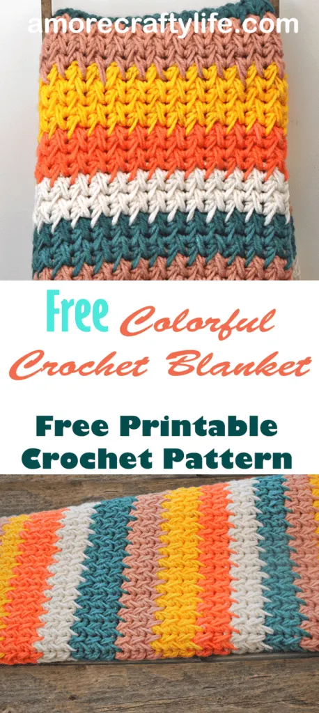 Colorful stripe chunky crochet blanket pattern - free printable PDF- crochet blanket pattern - feather stitch - amorecraftylife.com - O'Go Colorama Yarn - striped afghan - free printable crochet pattern chunky blanket pattern #crochet #crochetpattern #freecrochetpattern