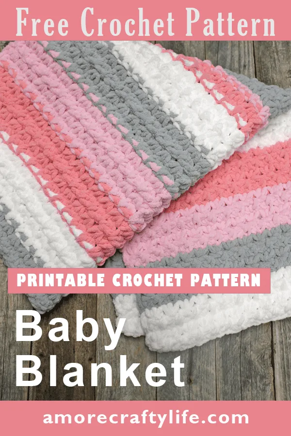 Try an easy trinity stitch crochet baby blanket pattern using bulky yarn. This self striping Bernat Blanket Yarn is soft and works up quickly.