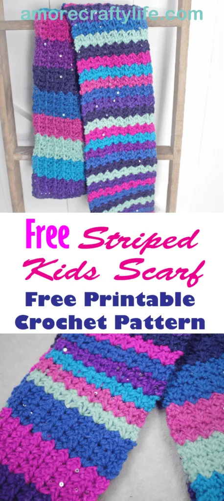 Make an easy striped children's scarf crochet pattern - child scarf- Crochet Pattern Free PDF- printable pdf - amorecraftylife.com