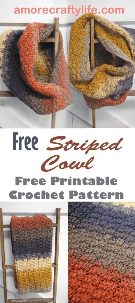 Try this free up and down stripe cowl crochet pattern. This easy pattern make a cozy cowl to keep you warm this winter.