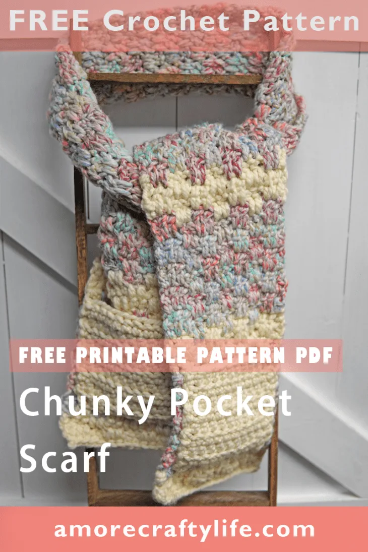 Try this chunky pocket scarf crochet pattern. This free PDF pattern uses an easy combination of double crochet stitches.