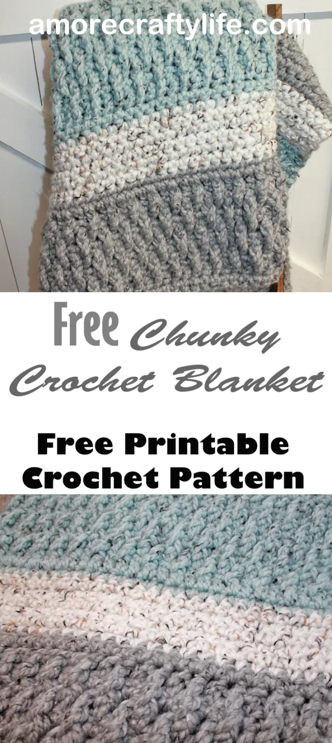 Try this super bulky tweed throw crochet pattern. This blanket uses the alpine stitch and single crochet to make a modern chunky blanket. There is a free printable PDF available.