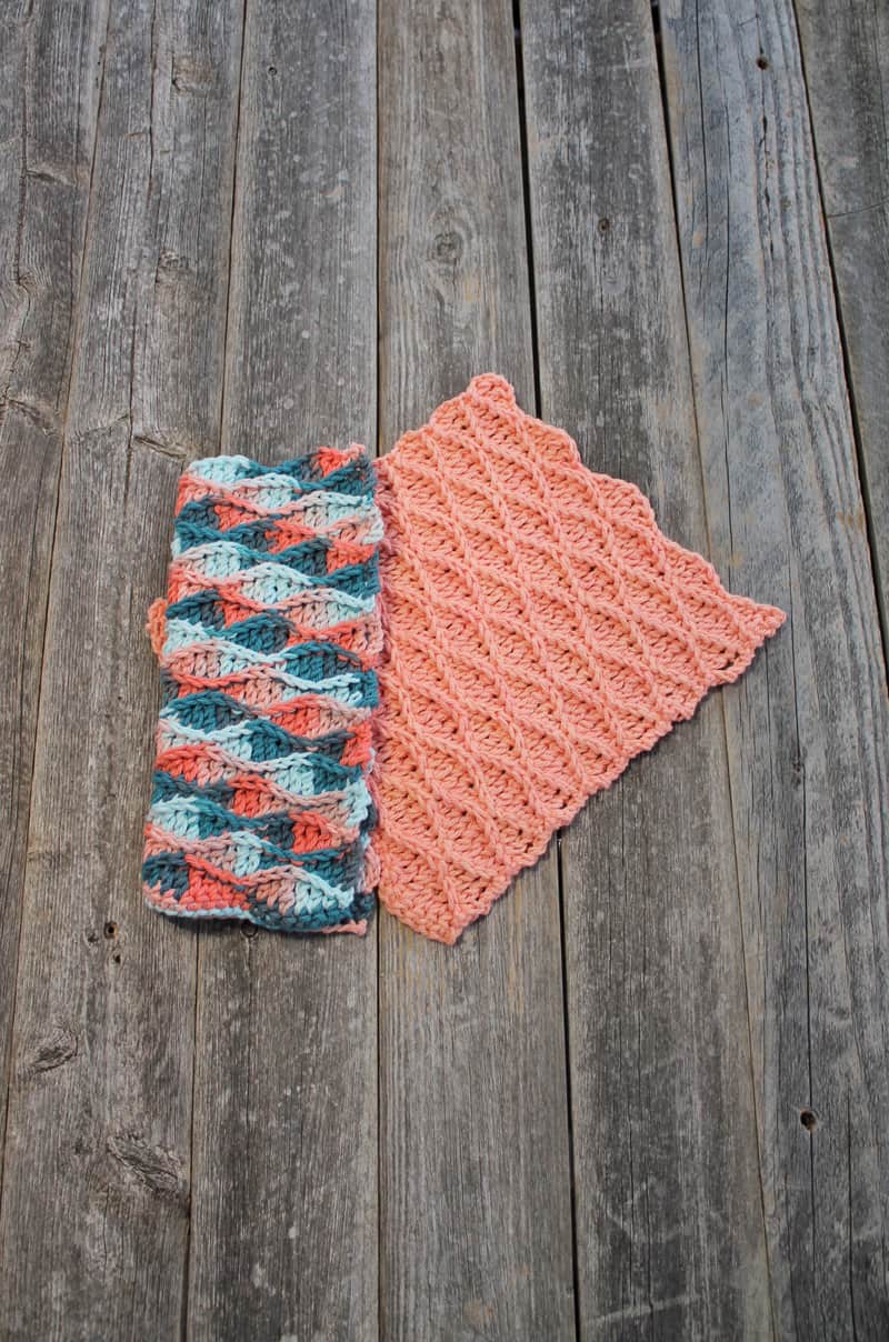 Try this raised wave dishcloth pattern. This pattern uses a repeat of basic stitches to make this eye-catching pattern. There is a free printable PDF available.