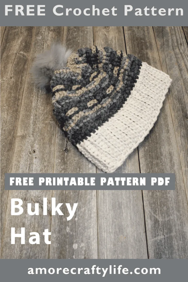 Try this bulky yarn crochet hat pattern. This hat is an quick and easy project. Make it in your favorite colors and top it with a faux fur pom pom.