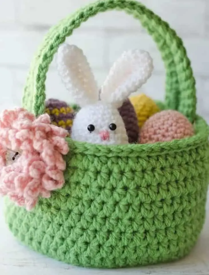 Try this cute Easter basket crochet pattern. This pattern has a pretty flower added to it.