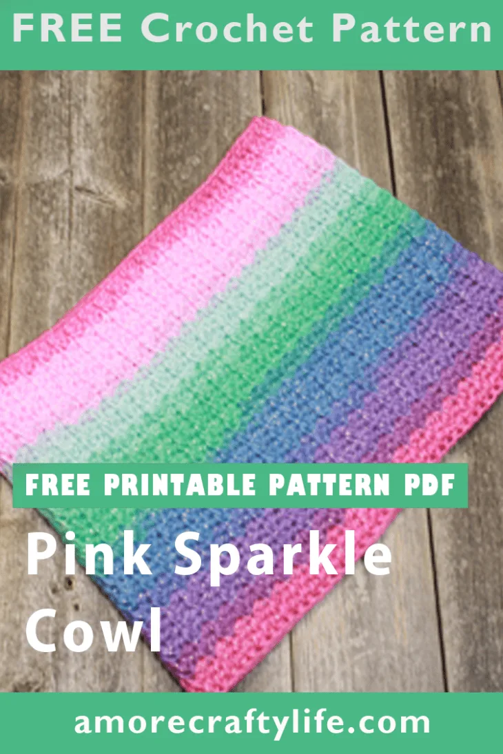 Try this pink sparkle cowl crochet pattern. This pattern is an easy repeat.