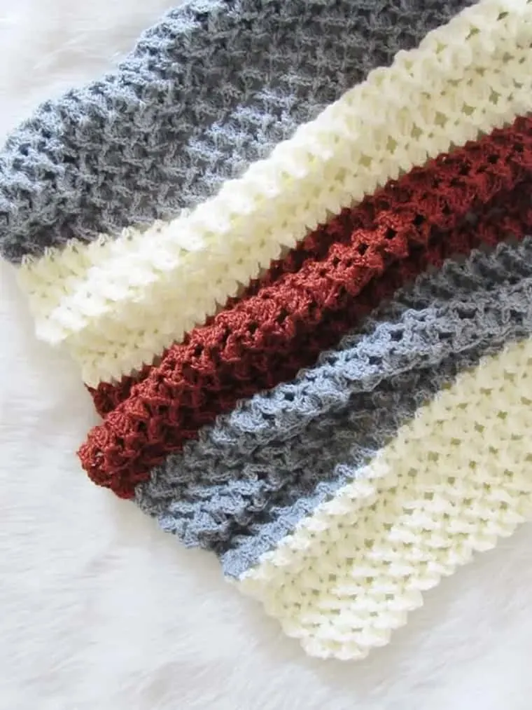 Textured striped afghan blanket pattern using Lion Brand yarn.