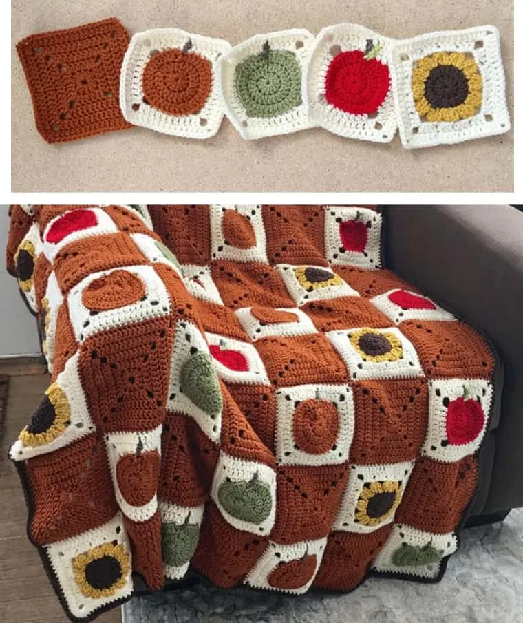 Fall themed crochet blanket pattern with pumpkin, apples, and sunflower granny squares.
