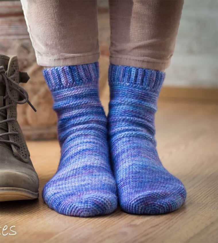 blue and purple crocheted socks