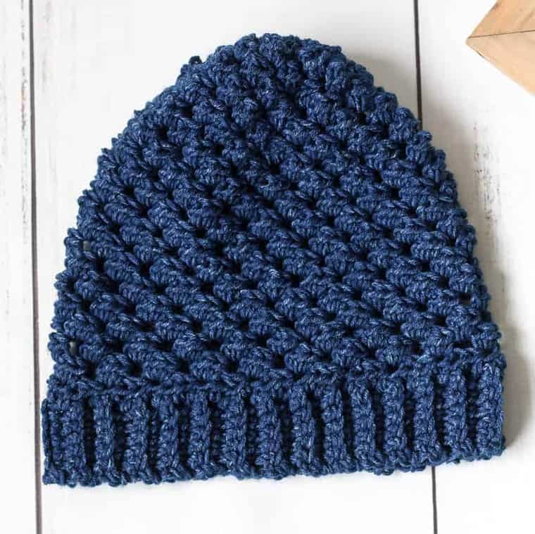 textured crochet hat with ribbed brim.