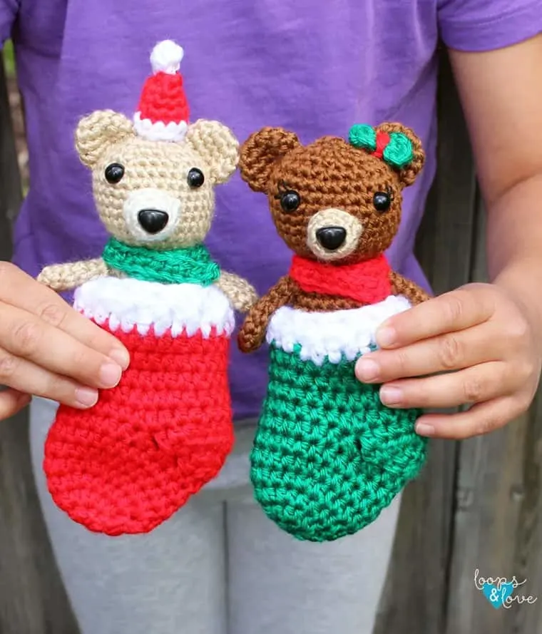 crocheted mini bear Christmas stockings 