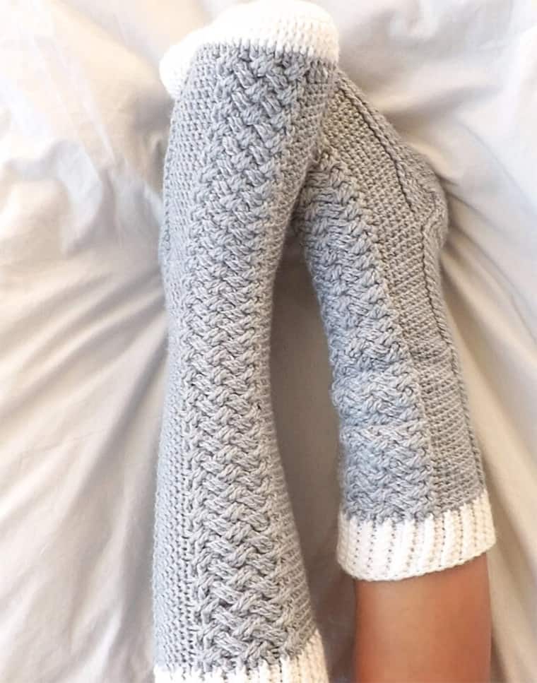 cable crocheted socks in gray and white Parker crochet pattern