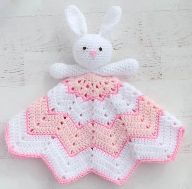 crocheted pink and white bunny lovey 
