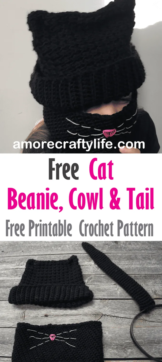 free cat ear beanie cowl & tail crochet pattern