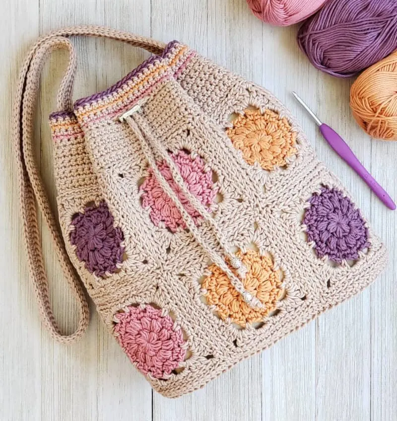 crocheted drawstring bag