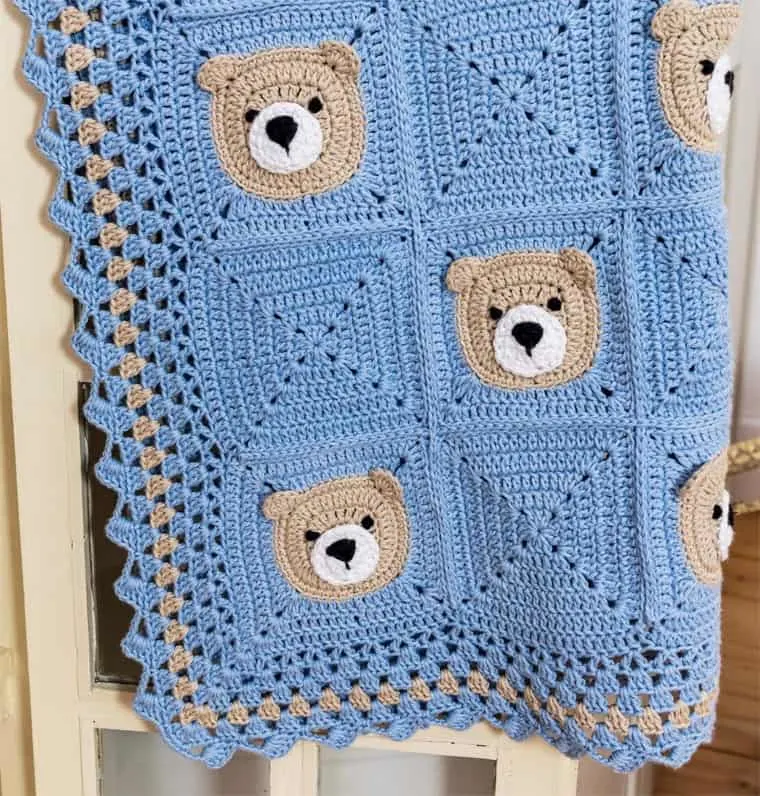 crocheted teddy bear blanket in blue