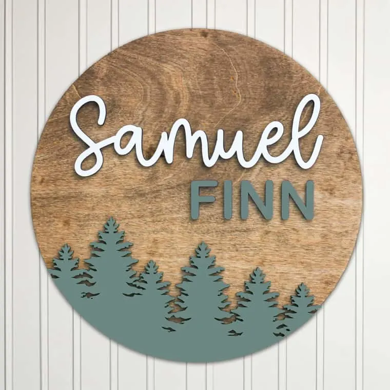 personalized wood name size in forest woodland nursery theme with trees
