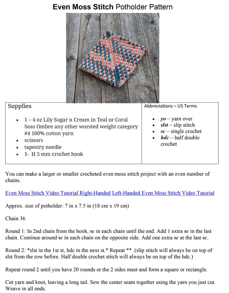 picture of PDF pattern for even moss stitch potholder pattern
