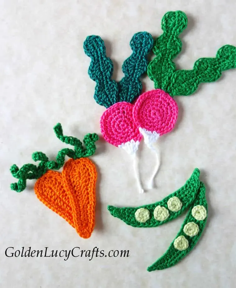 3 vegetable applique crochet patterns, radish, carrot, and peas.