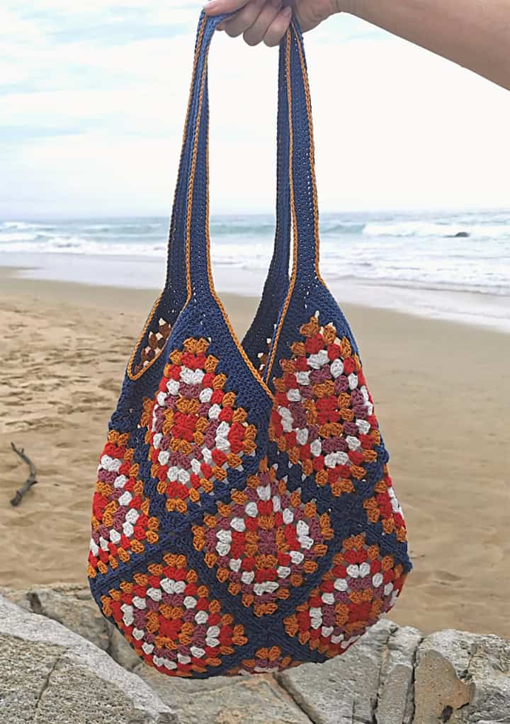 orange white red and blue granny square diamond bag crochet pattern