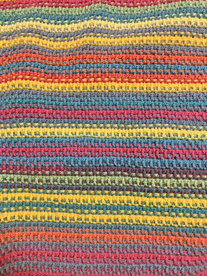 close-up of rice stitch bright stripe crochet blanket pattern