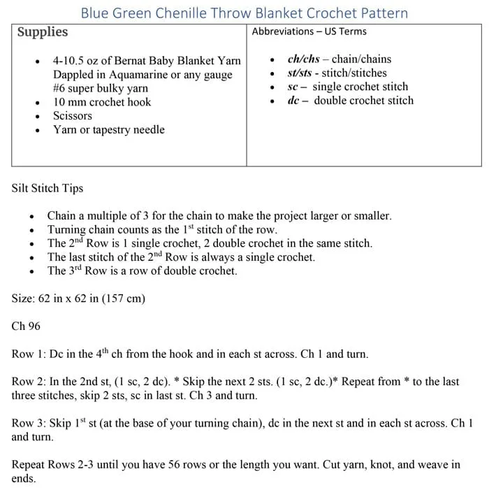 photo of blue green chenille throw crochet blanket pattern