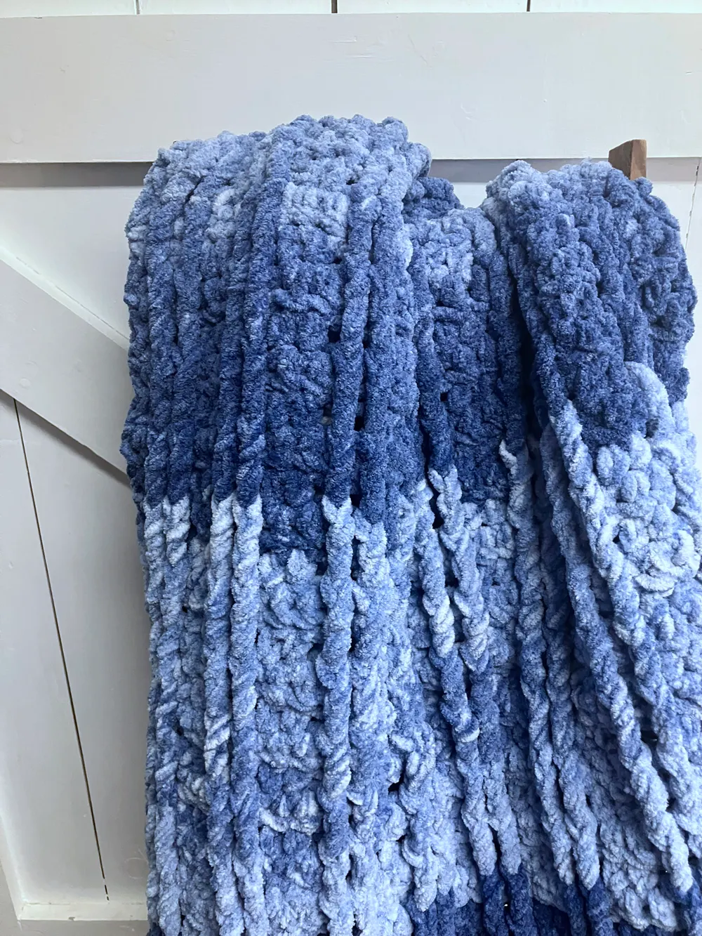 triple denim baby blanket crochet pattern Bernat Blanket Yarn Dappled in Wondering Blue
