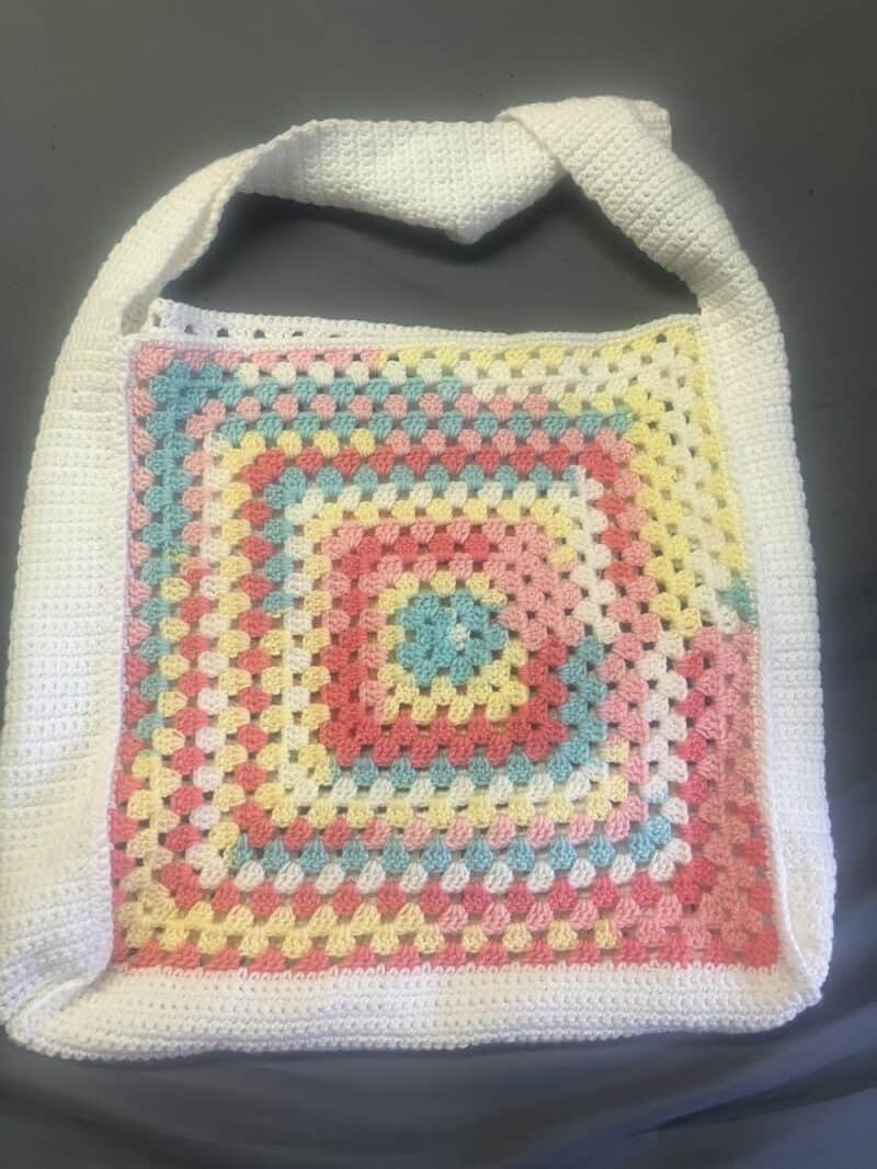 large colorful granny square crochet bag