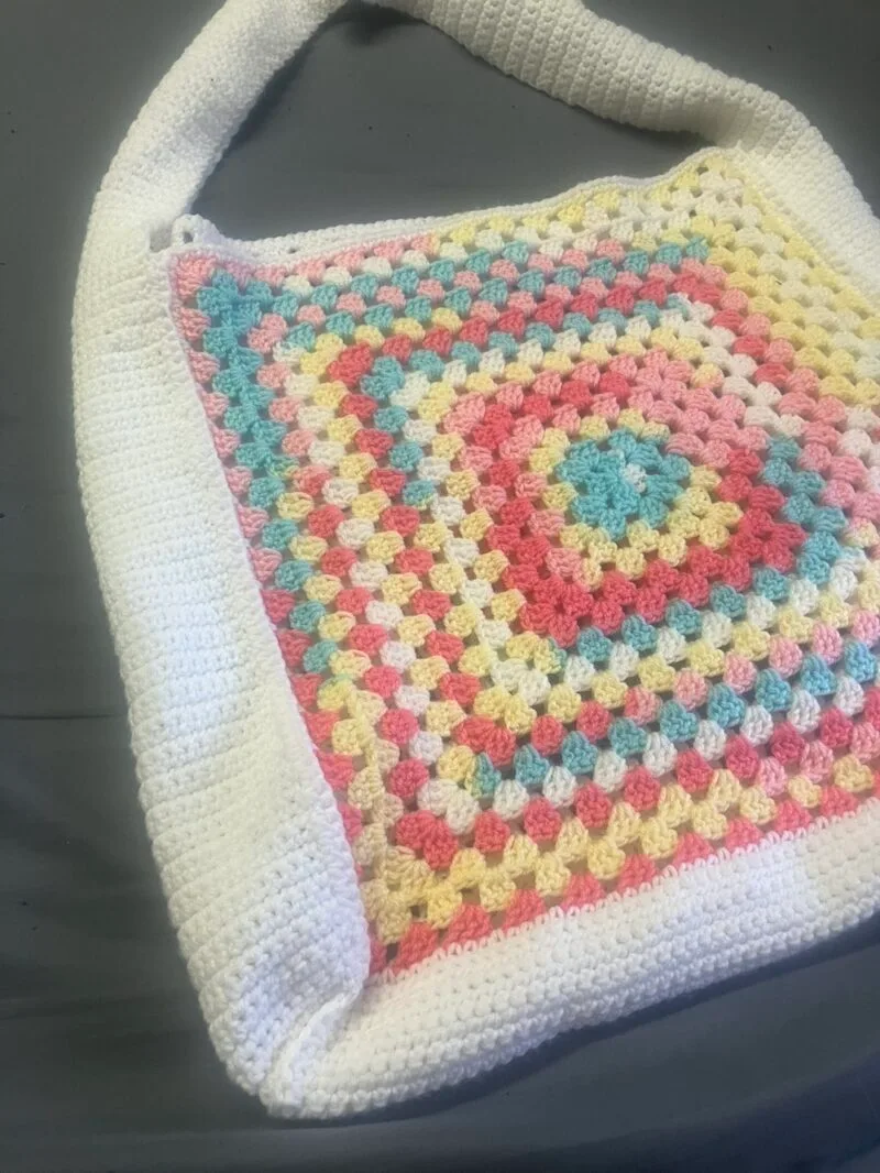 large colorful granny square crochet bag