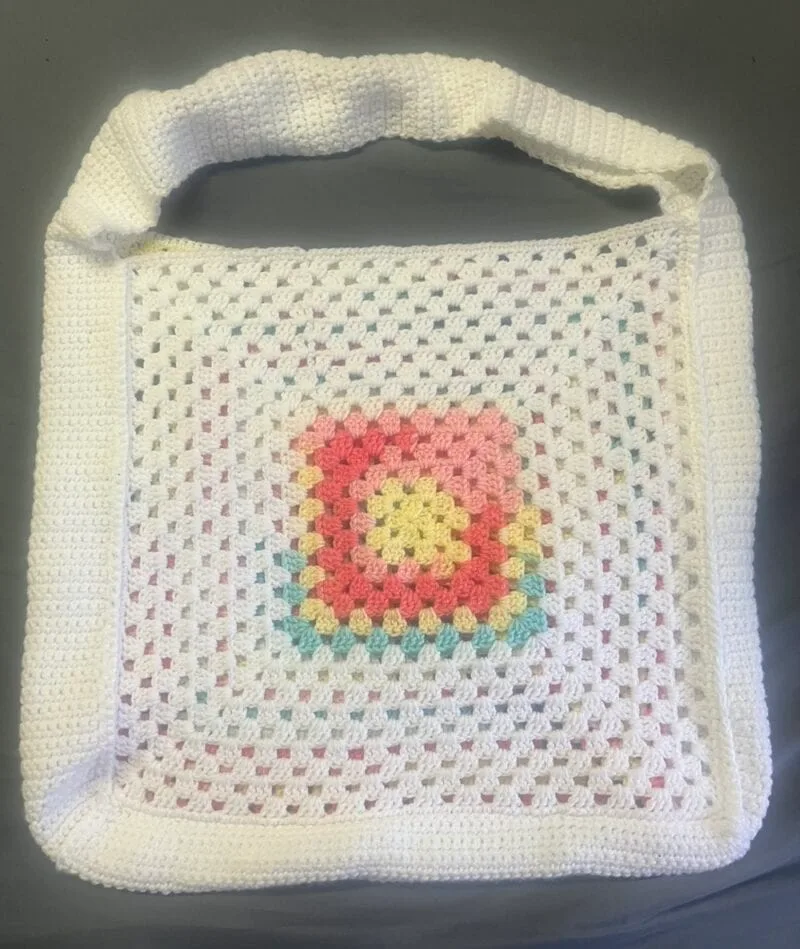 large colorful granny square crochet bag